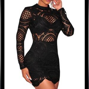 Black Crochet Lace High Neck Mini Dress